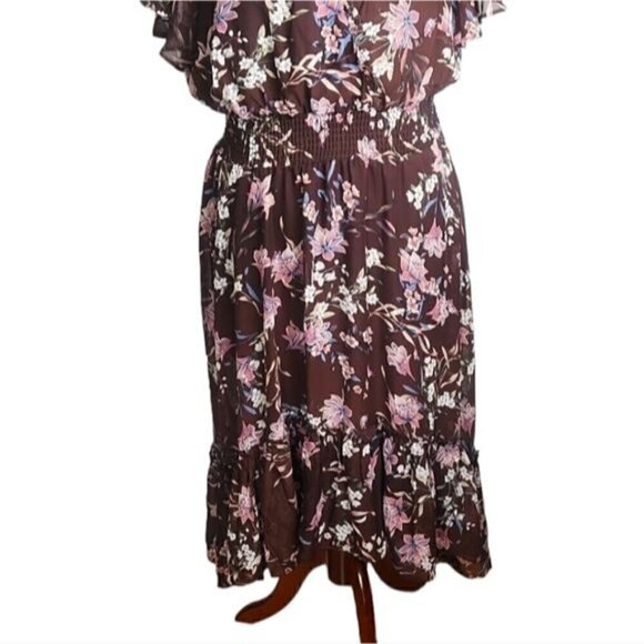 Lane Bryant Brown Floral Sleeve Flutter Bohemian Chiffon Maxi Dress Size 22/24W - Picture 2 of 13
